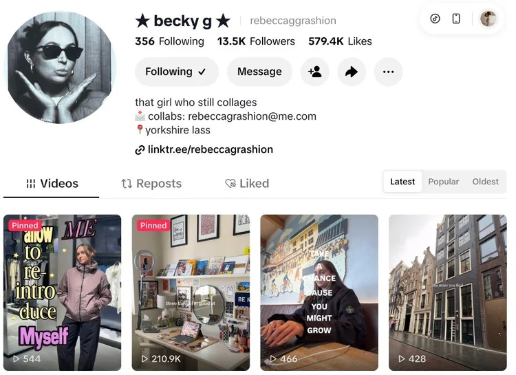 Becky’s TikTok today: 13.5K followers, 579K likes