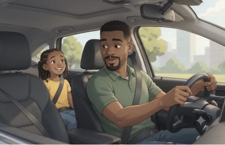 A dad and daughter talking during a drive