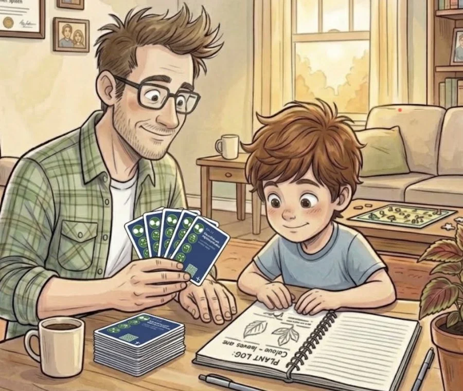 A dad showing his son a fan of Habit Cards next to the notebook