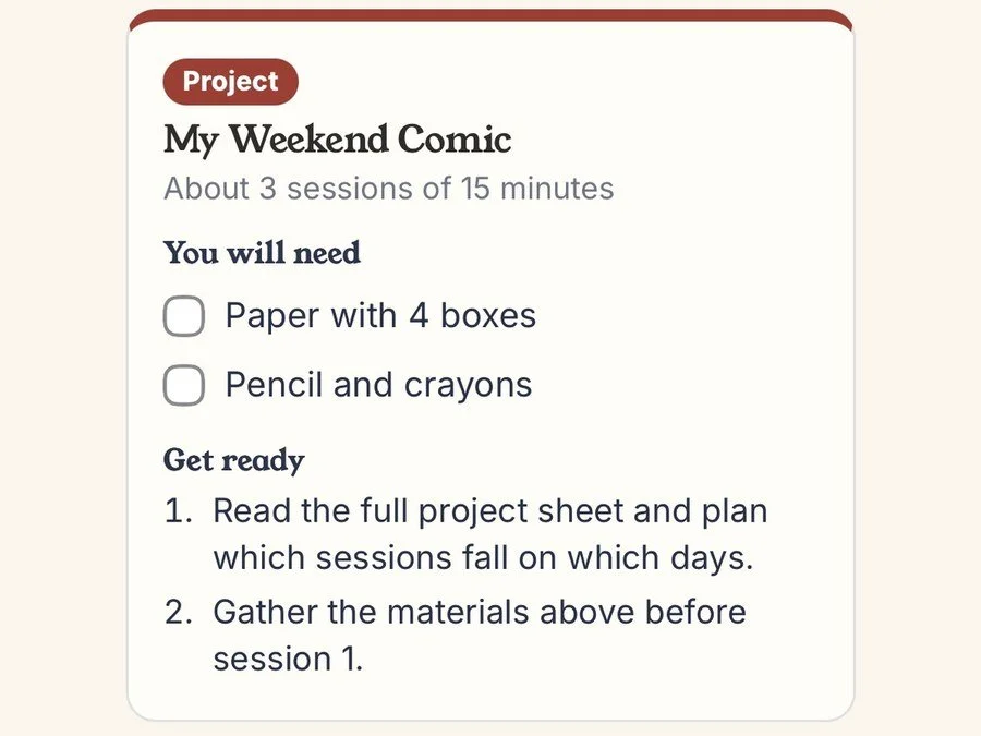 Planning a project: the My Weekend Comic card with materials and get-ready steps