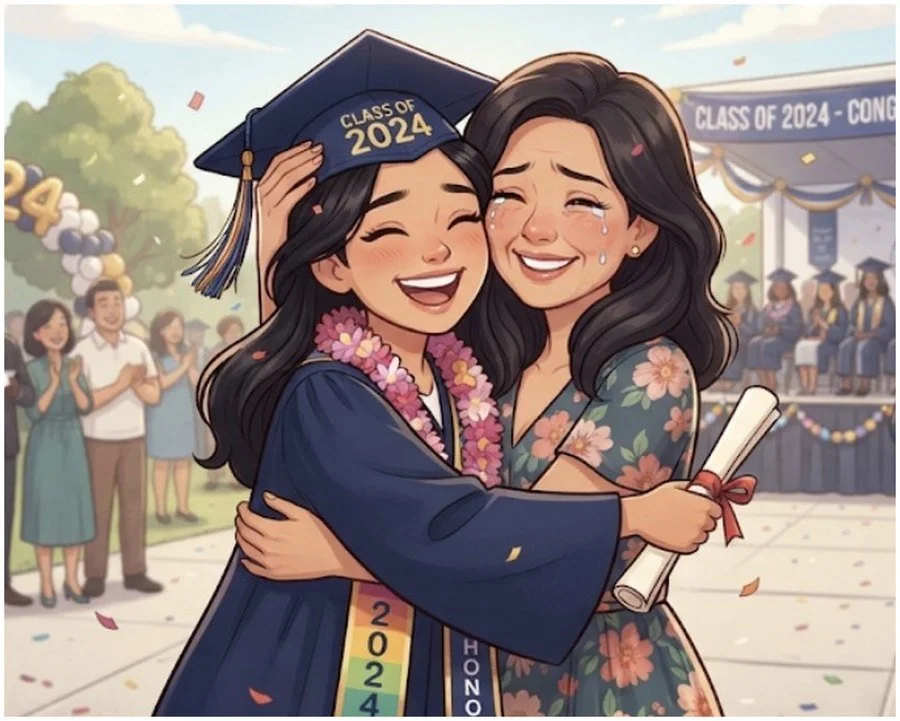 The finished picture: a graduate hugging her mom at commencement