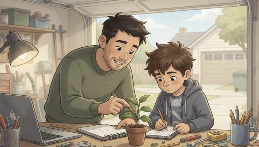 A dad and son sketching a potted plant in their notebooks in the garage