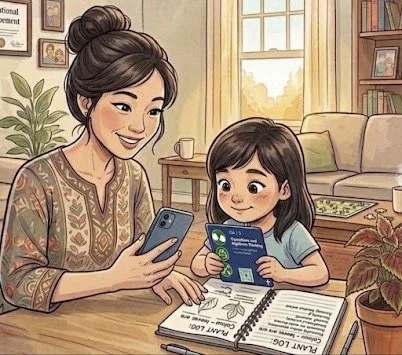 A mom opening the dashboard on her phone while her daughter holds a Learning Target Card