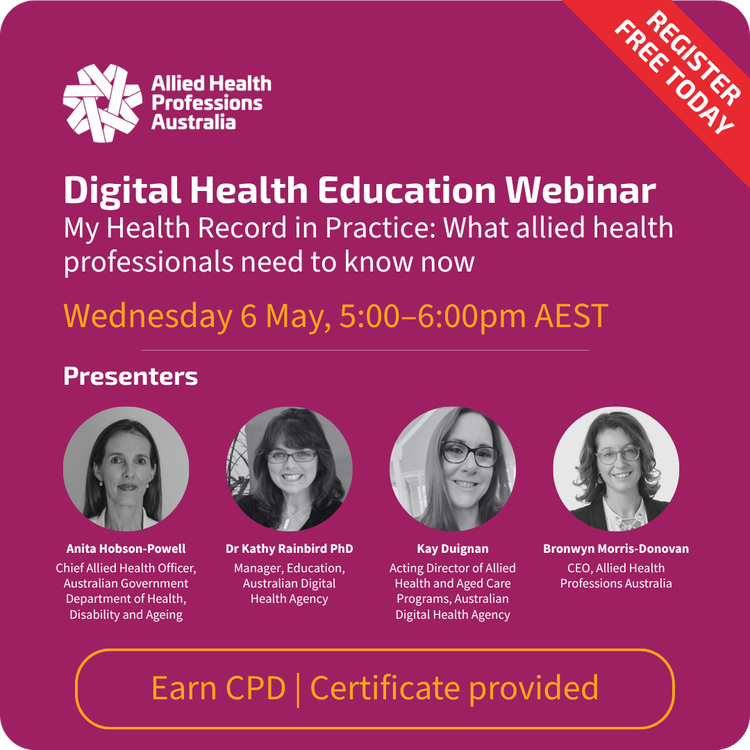 Square promo tile promoting the AHPA Digital Health Education webinar with purple background and four photos of presenters.