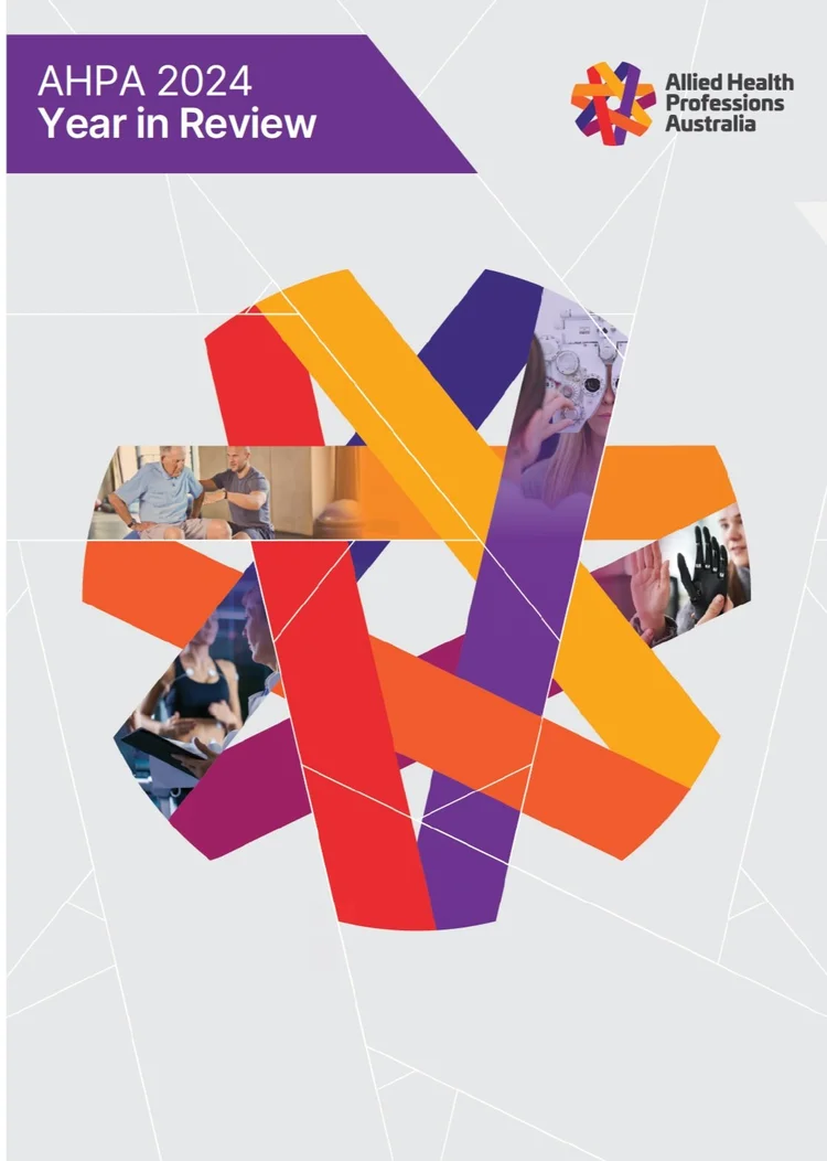 Cover image of the 2024 AHPA Annual report with light grey background and large AHPA colour logo in centre.