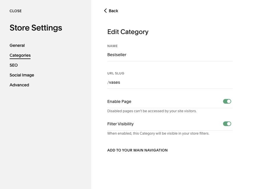 A Squarespace store category settings panel showing name, URL slug and visibility controls.