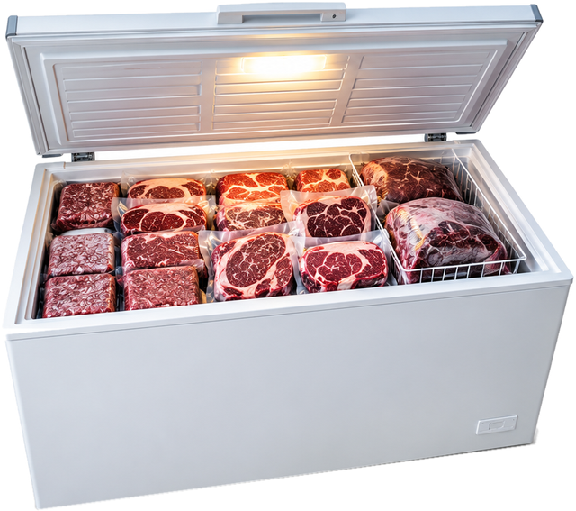 Open chest freezer stocked with vacuum-sealed beef
