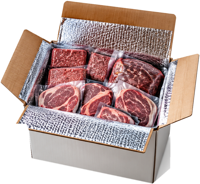 Open insulated meat box filled with packaged steaks, ground beef and roasts