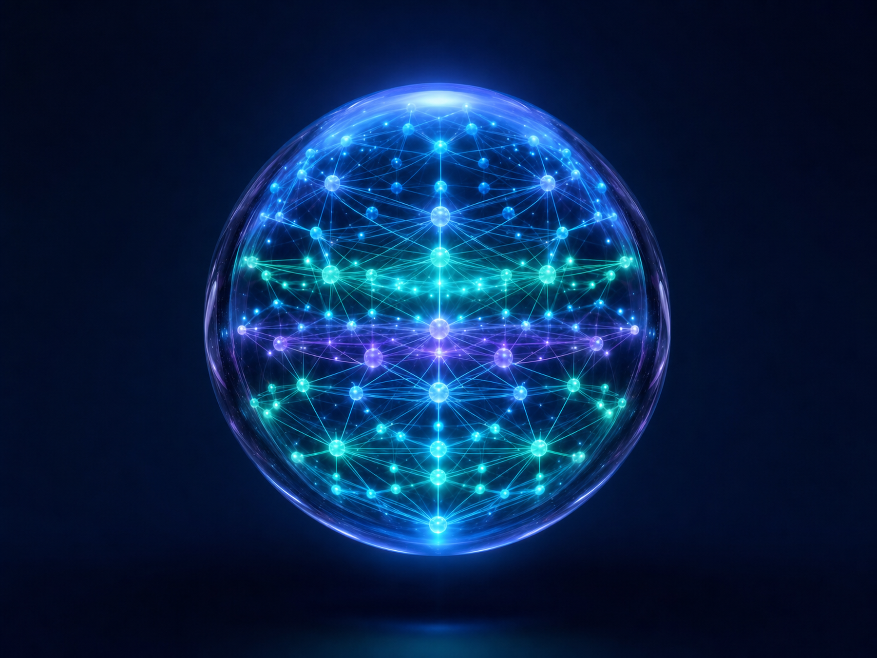 Abstract AI concepts and technology illustration with connected systems, models, data layers, and deep navy green accents