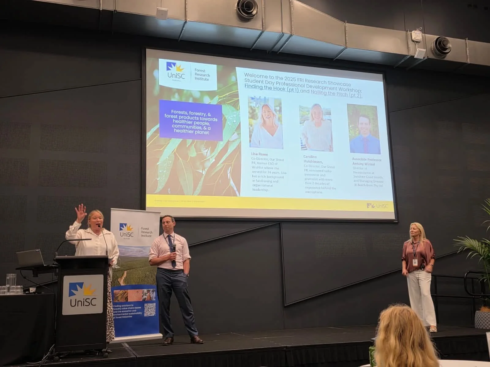 Lisa, Dr Winkel and Caroline at a University of the Sunshine Coast research presentation