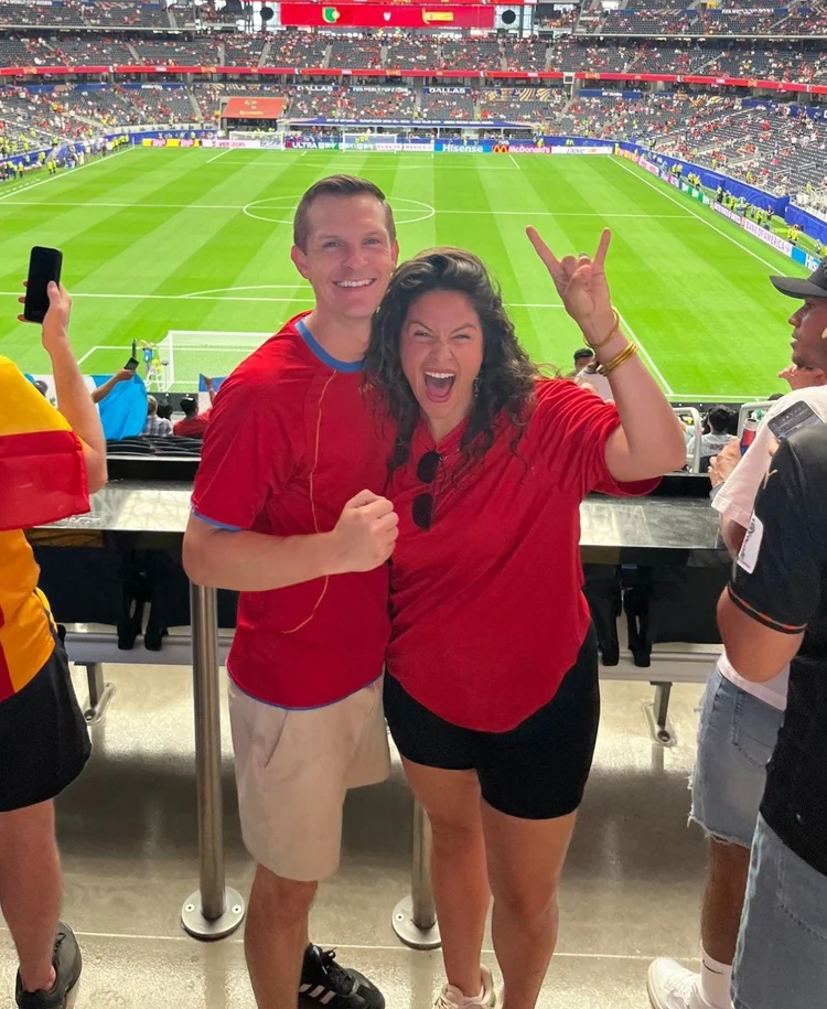 Tyler and Asia Eidson cheering at a FIFA World Cup 2026 match in Arlington, Texas