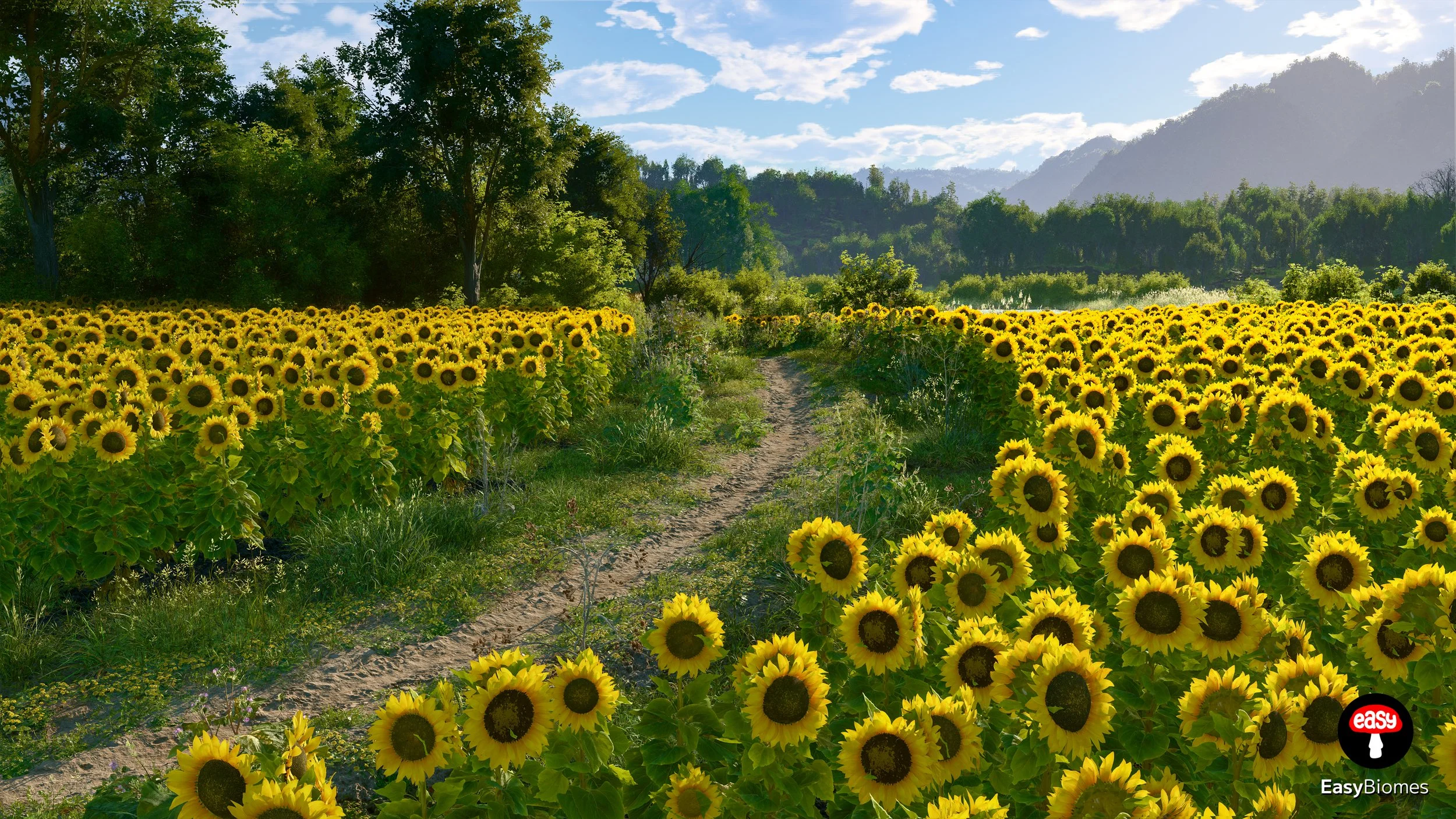 Realistic rural landscape with procedural farmland and vegetation
