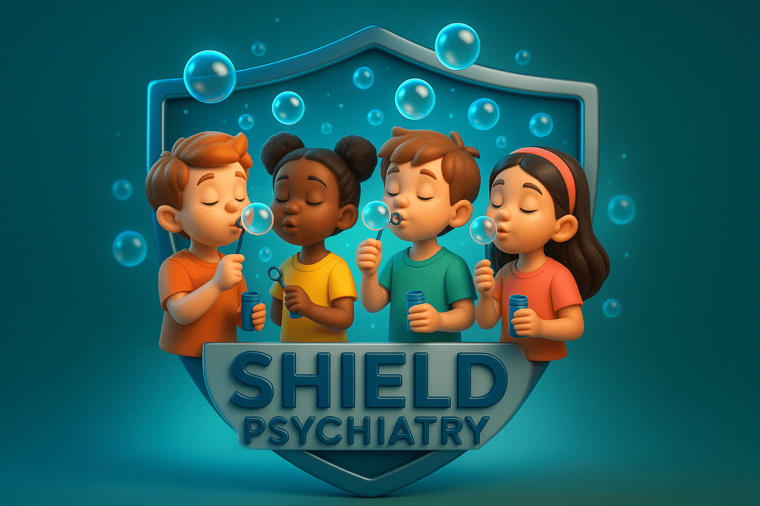 Diverse children blowing bubbles inside the SHIELD Psychiatry shield — representing culturally responsive, concierge telepsychiatry for children, teens, and young adults ages 5–25 across Florida
