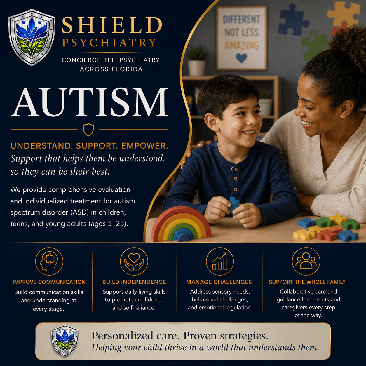 Child with autism spectrum disorder receiving telehealth support — SHIELD Psychiatry provides ASD psychiatric care for children and teens across Florida