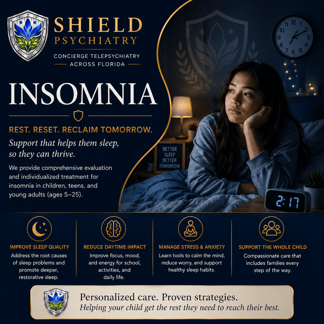 Child or teen with insomnia unable to sleep — SHIELD Psychiatry offers CBT-I sleep therapy for children and teens via telehealth across Florida
