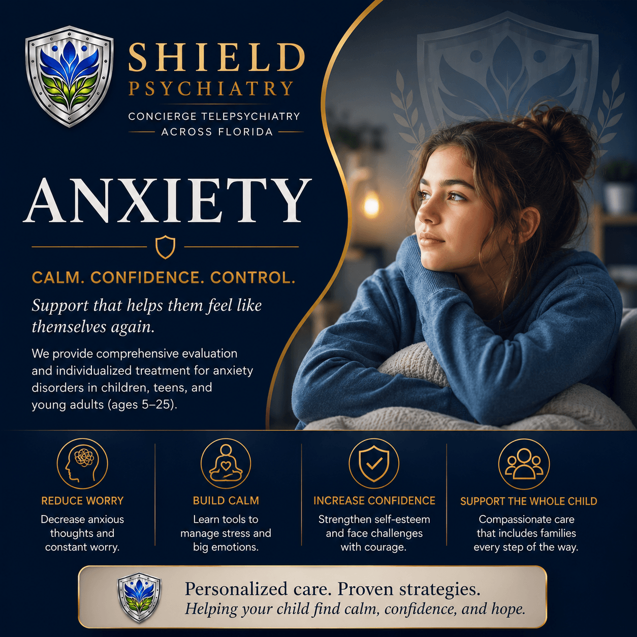 Child or teen experiencing anxiety and school avoidance — SHIELD Psychiatry offers CBT-informed telepsychiatry for anxiety in children and teens across Florida
