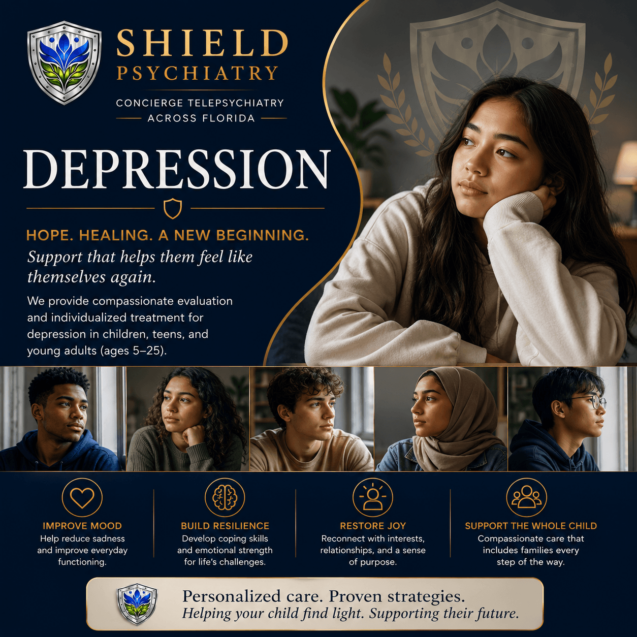 Teen experiencing depression and low mood — SHIELD Psychiatry provides evidence-based depression treatment for children and teens via telehealth across Florida