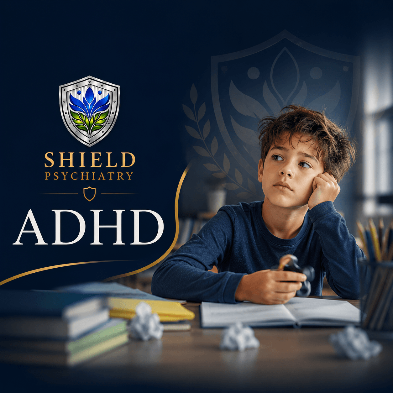 Child with ADHD struggling to focus on schoolwork — SHIELD Psychiatry provides comprehensive ADHD evaluation and telehealth treatment for children and teens ages 5–25 across Florida