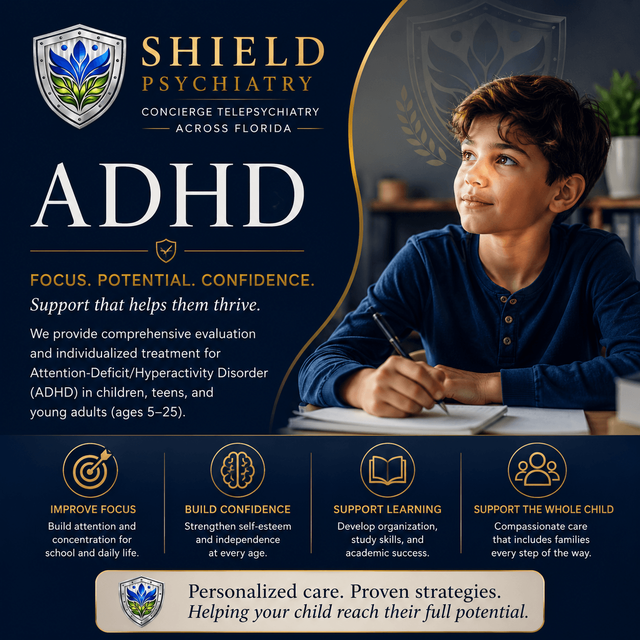 Child with ADHD struggling to focus at school — SHIELD Psychiatry offers comprehensive ADHD evaluation and telehealth treatment for children and teens in Florida