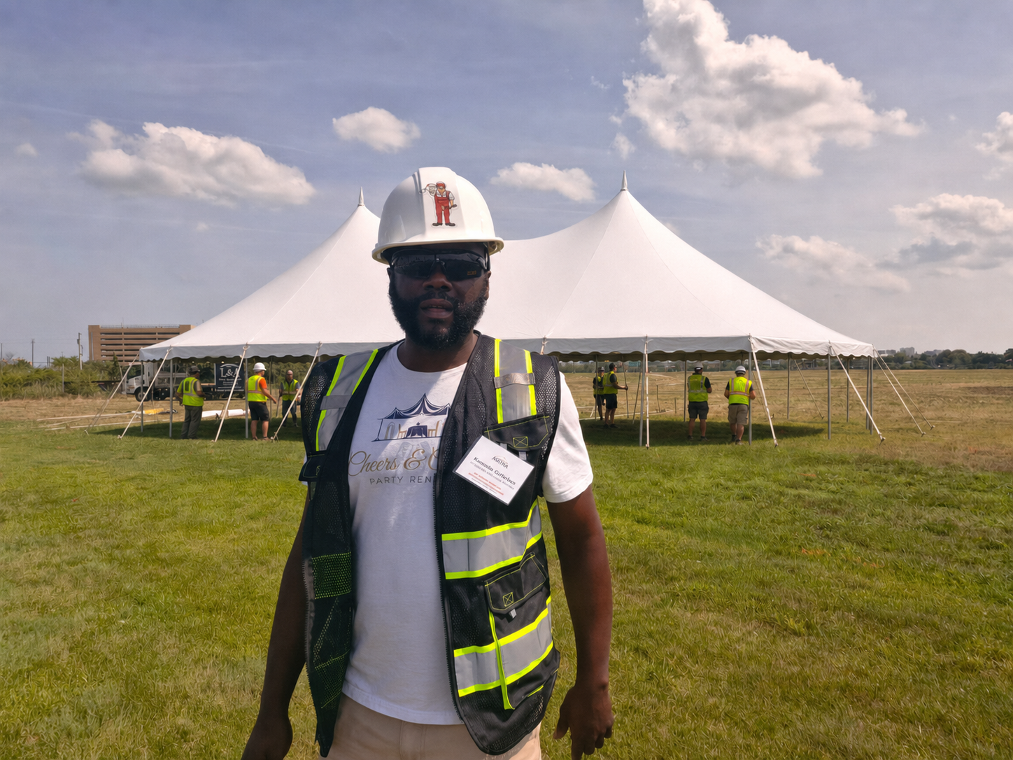 Cheers and Chairs owner in professional tent-installation safety equipment