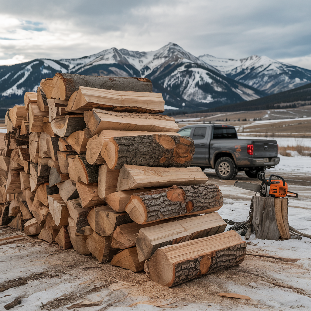 Stacked firewood cord with mountains