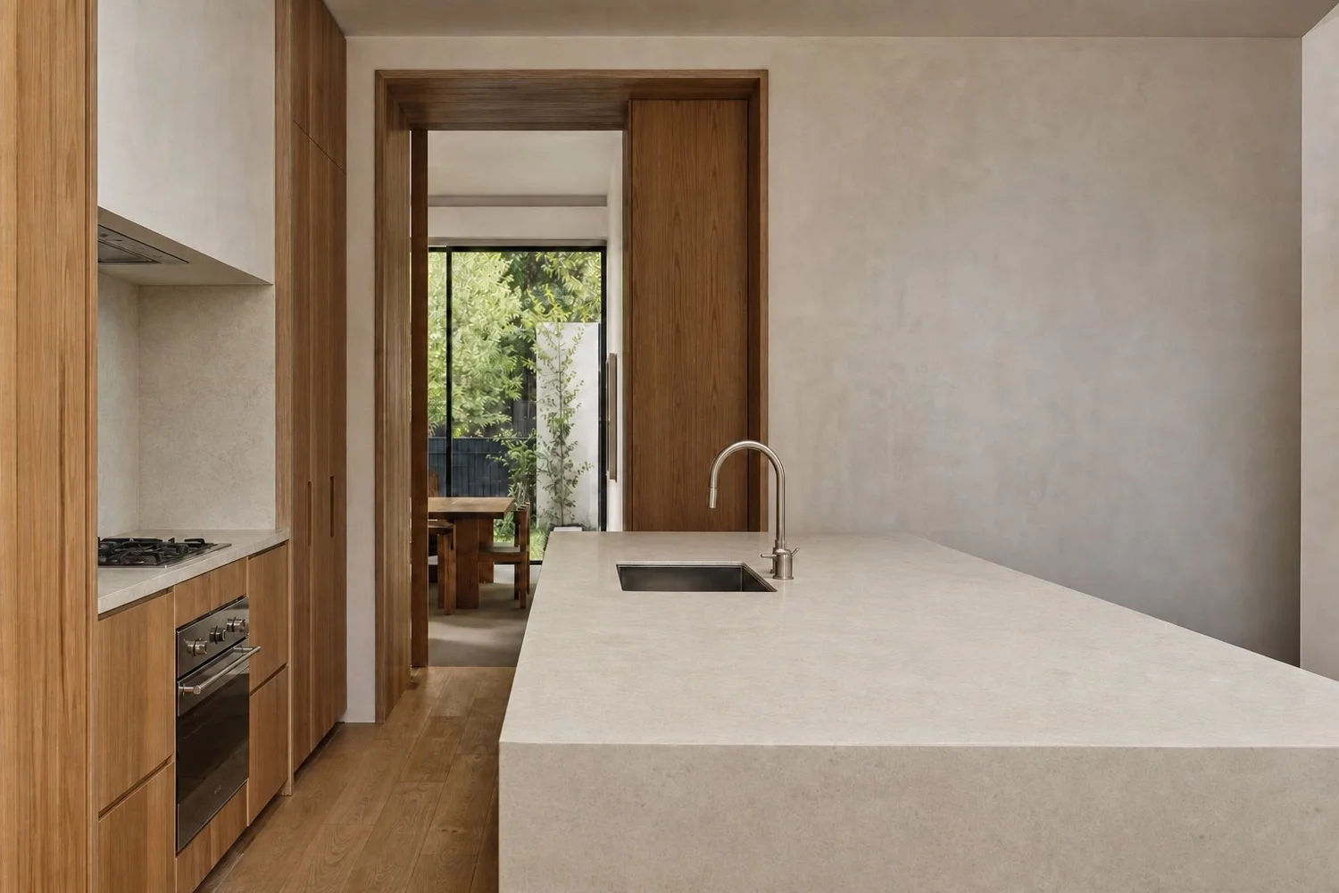 Warm timber kitchen with a pale stone island and garden view