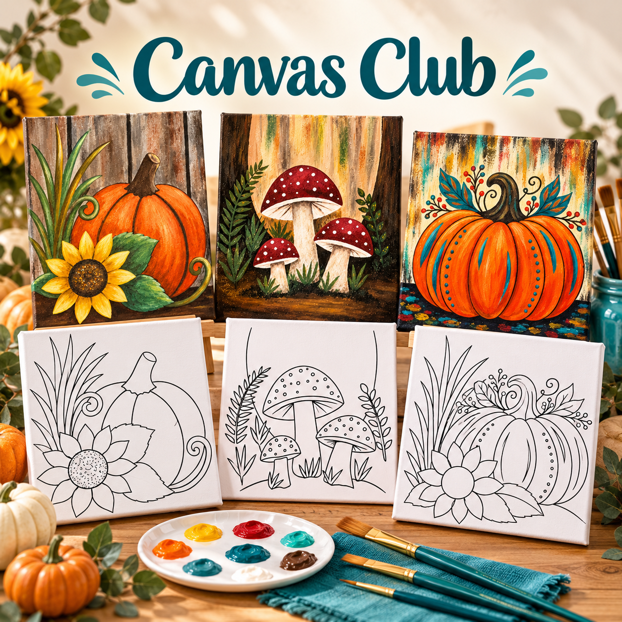 Canvas Club pre-traced canvases alongside finished pumpkin and mushroom paintings