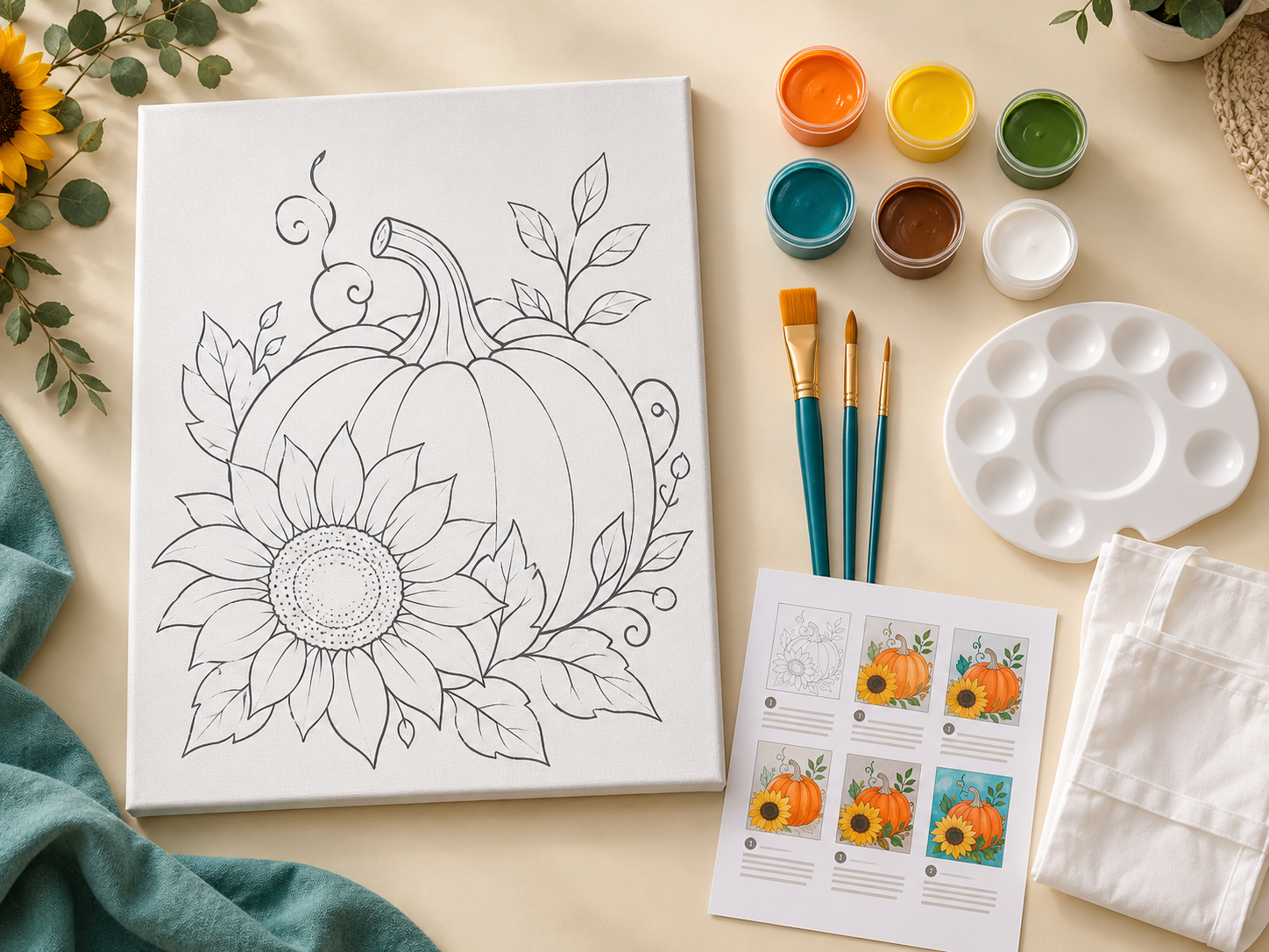 Canvas Club kit with pre-traced pumpkin canvas, acrylic paints, brushes, palette, apron and tutorial