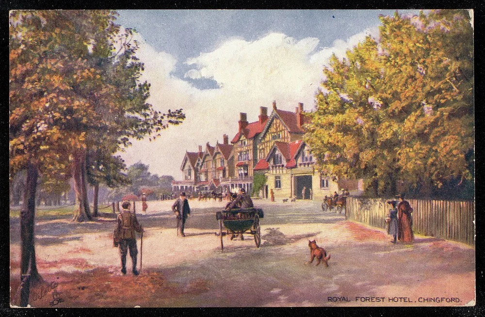 Vintage postcard of the Royal Forest Hotel, next to Queen Elizabeth's Hunting Lodge, around 1906