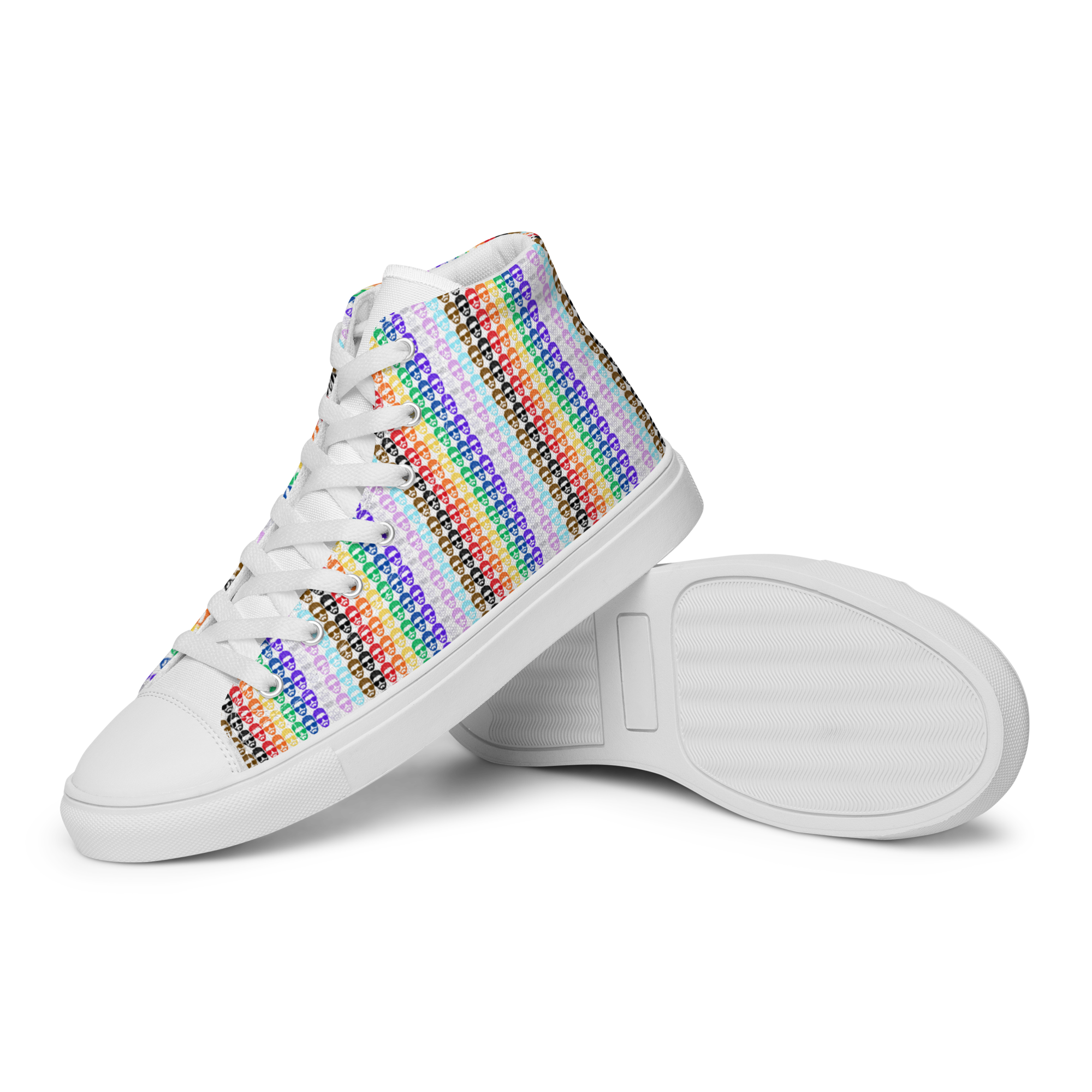 Make Good Choices Pride high-top sneakers with a rainbow pattern.