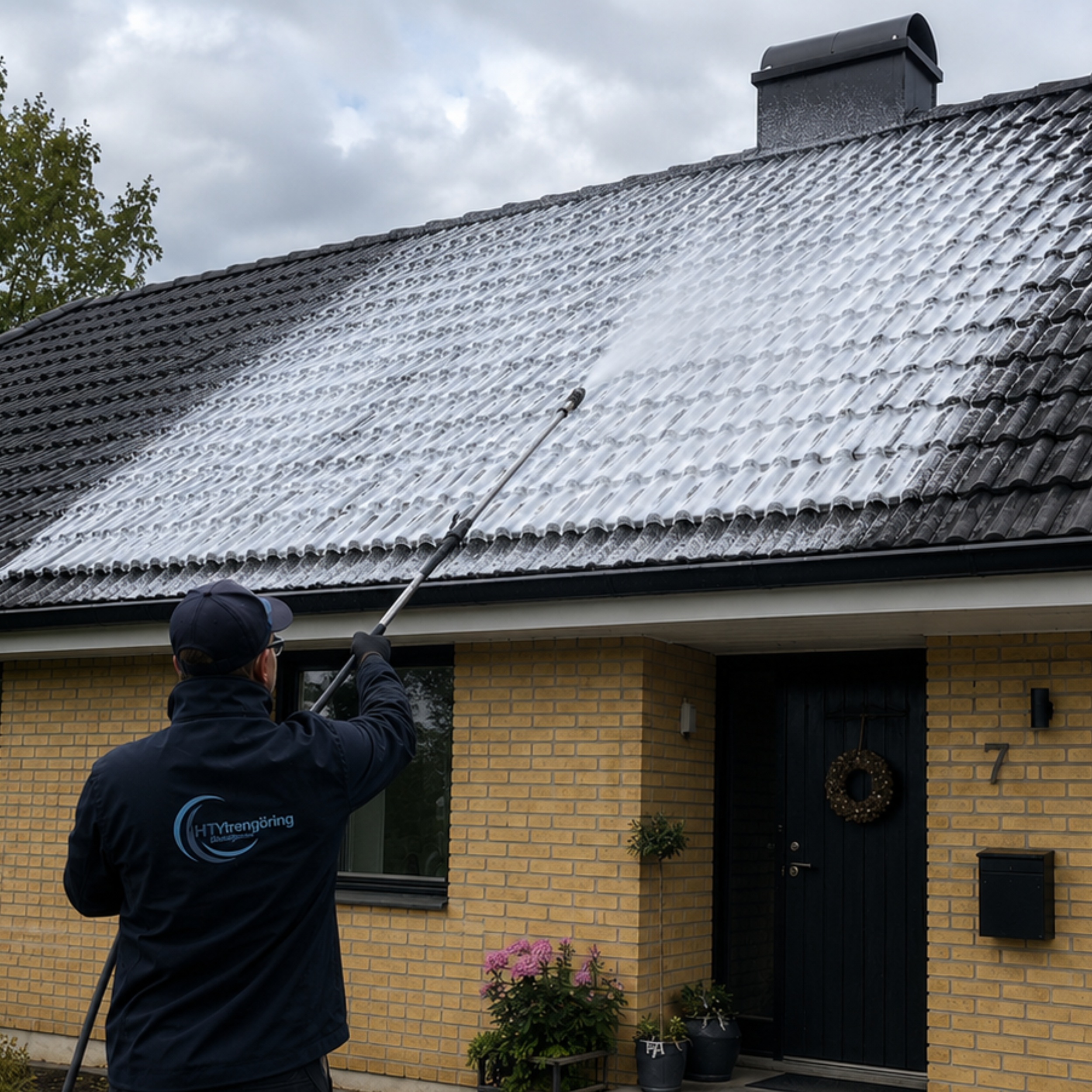Närbild på takpannor som behandlas mot påväxt