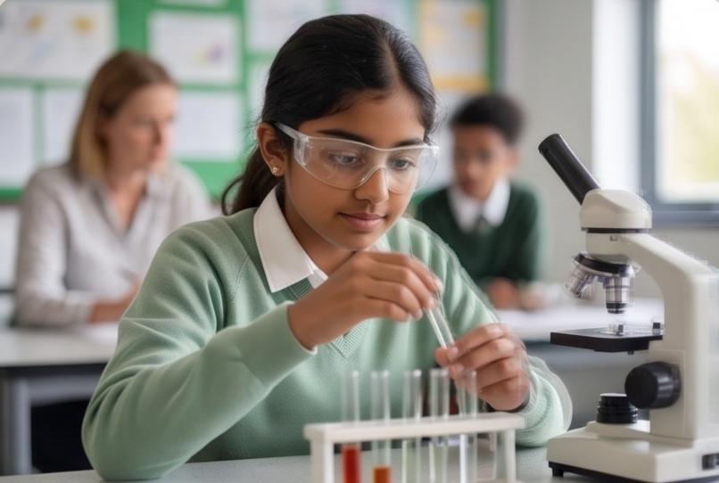Young student in school lab setting working with science materials