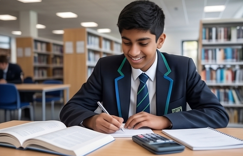 GCSE Student studying with school notebooks and calculator