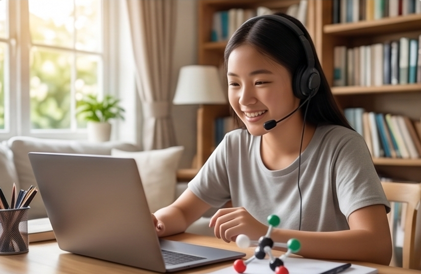 International student with headset learning via online platform