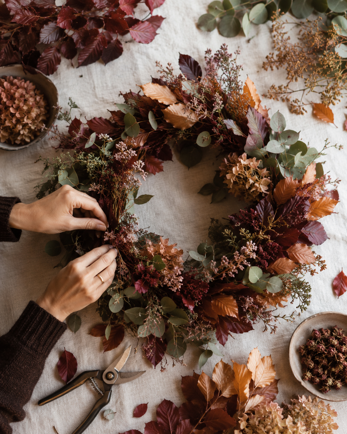 Hands arranging a richly textured fall wreath in a floral workshop
