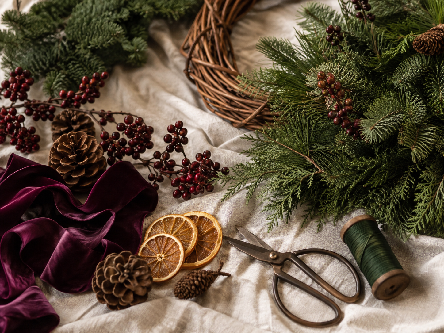 Evergreen Christmas wreath-making supplies with pine, cedar, berries, ribbon, wire, and floral snips