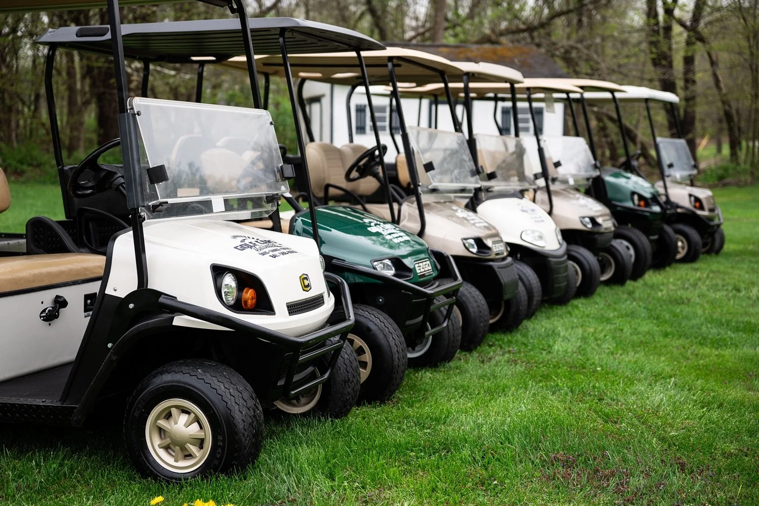 Golf Cars Unlimited rental golf carts lined up in the Hudson Valley