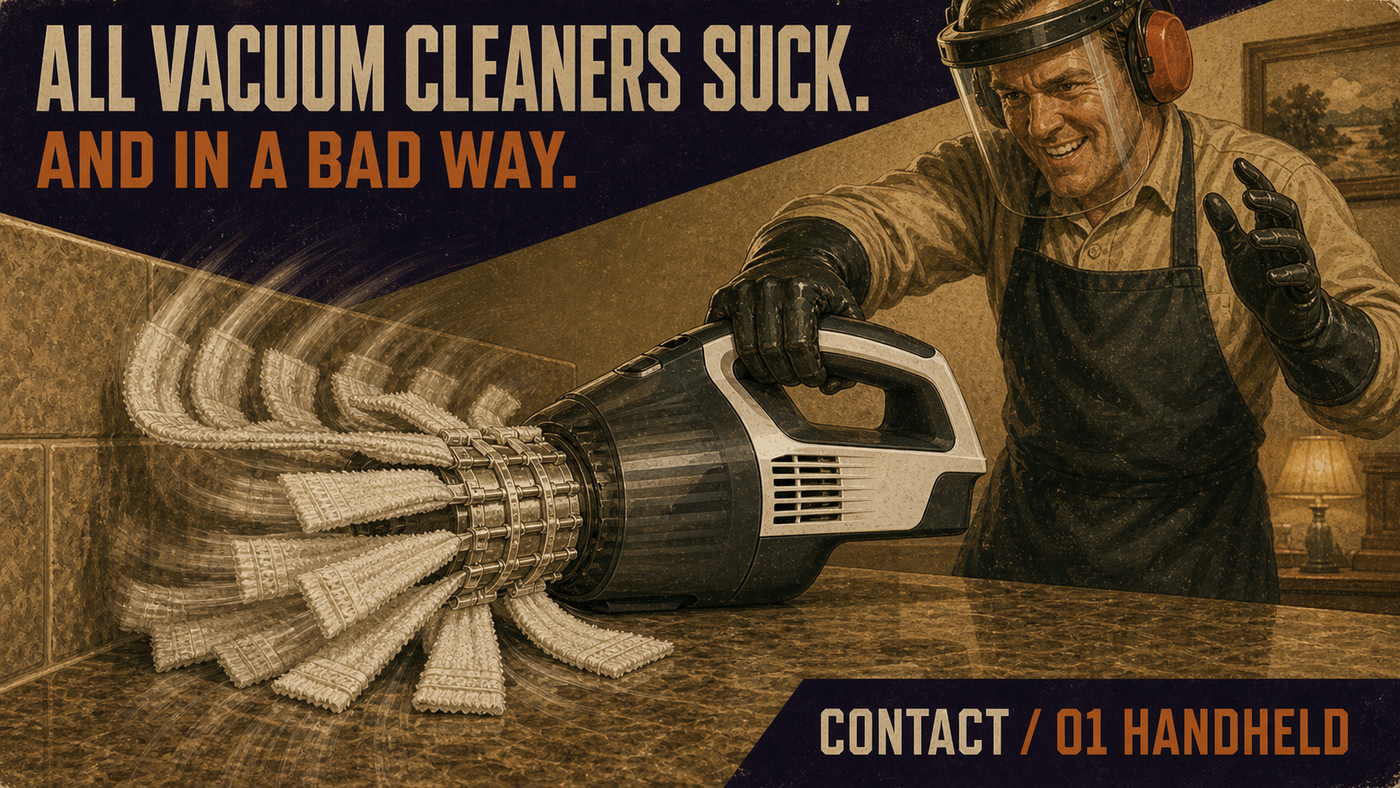 A protected operator uses CONTACT / 01, a speculative vacuum with an exposed Turkish-towel rotor
