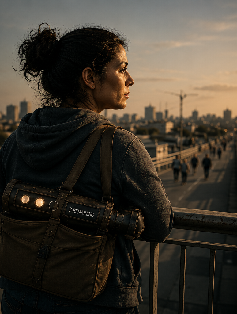 A reflective woman overlooking people in the distance with a worn government-issued launcher partly concealed behind her bag