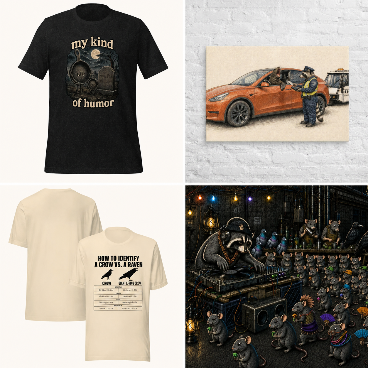 A four-tile collage featuring tees, wall art, and a puzzle from the Revenue Dimensions shop