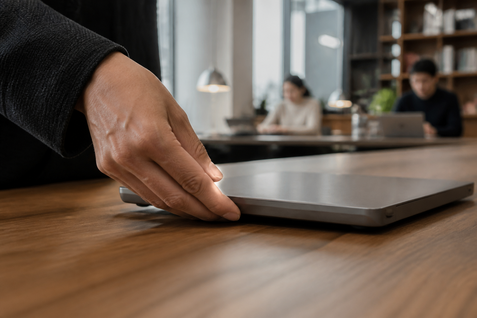 A palm-up hand supports the near edge of a metal laptop with its finger pads while lowering it onto a shared office table