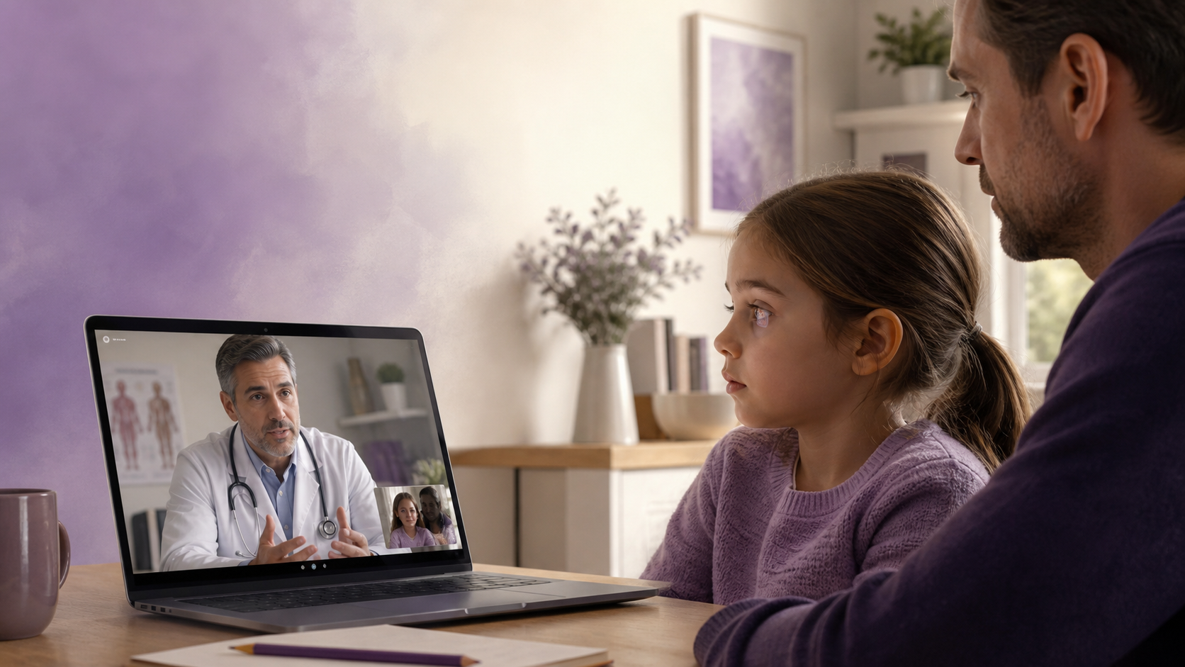 A child and her father attend a virtual medical appointment while their small self-view remains visible in the corner of the screen