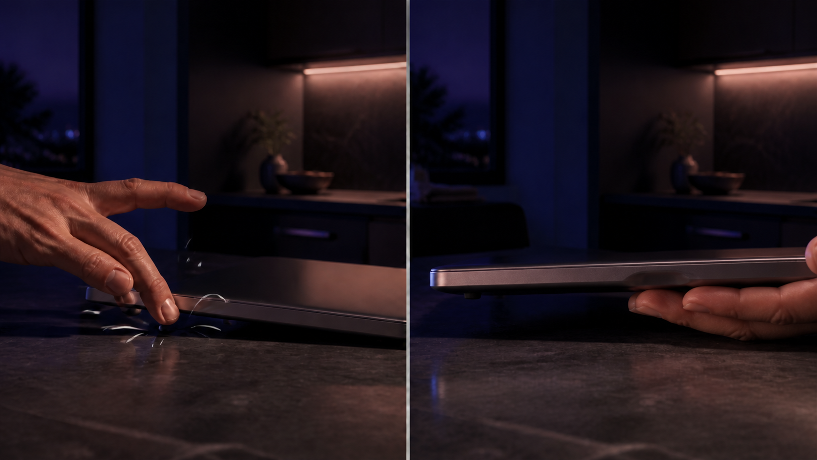 A split-screen comparison shows a metal laptop clanking onto a stone counter on the left and being lowered under control on the right