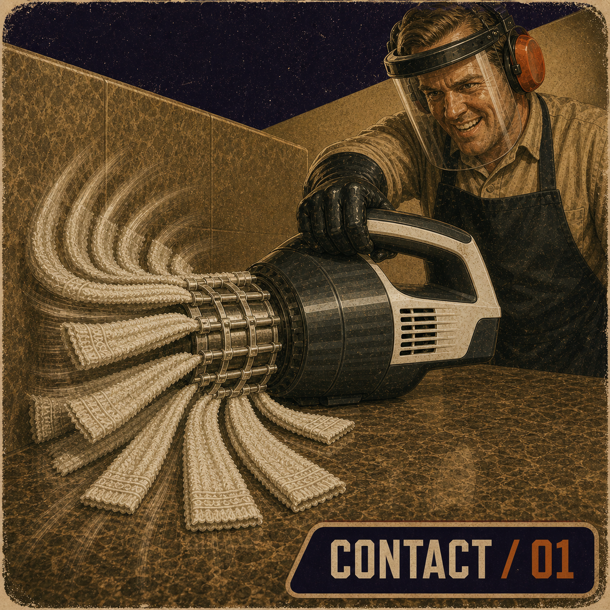 A protected operator uses CONTACT / 01, with miniature Turkish towels visibly attached to an exposed car-wash-style rotor