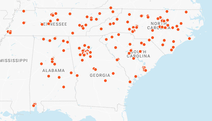 Data visualization map showing mobile health units spread across Southern states
