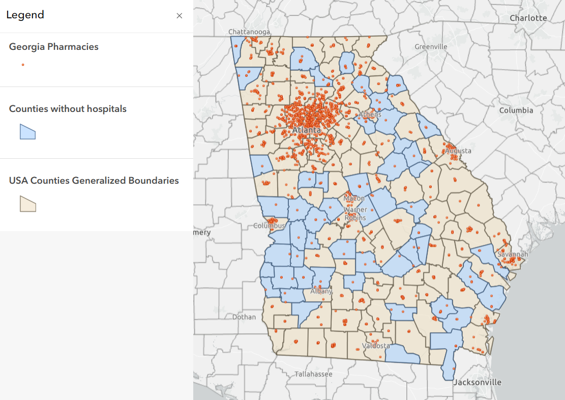 Map of pharmacies in Georgia providing Medicaid services