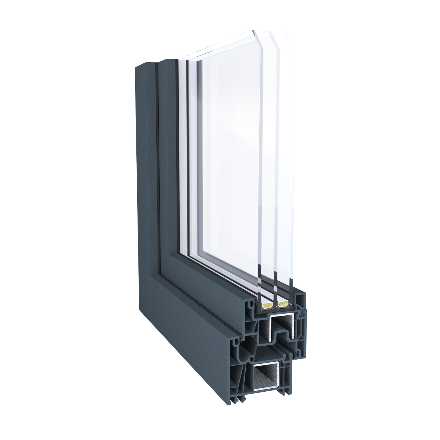 CoreLine window profile cross-cut showing the multi-chamber GEALAN uPVC frame