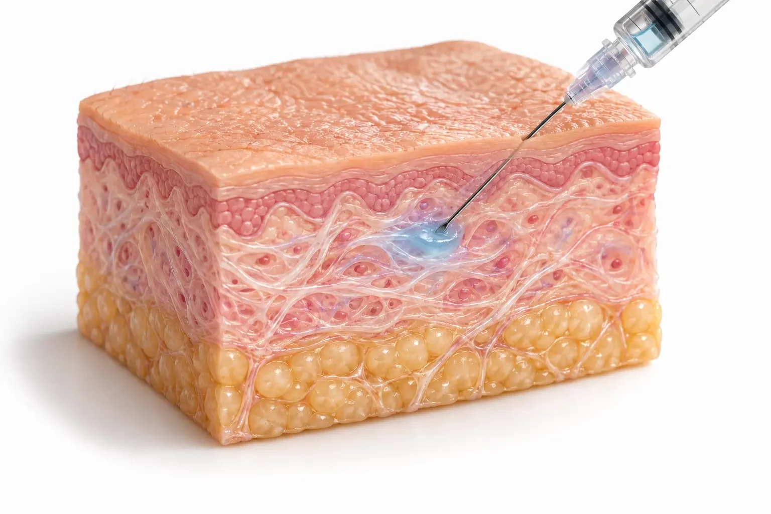 Illustration de la mésothérapie : une aiguille traverse la surface cutanée et dépose un produit dans le derme