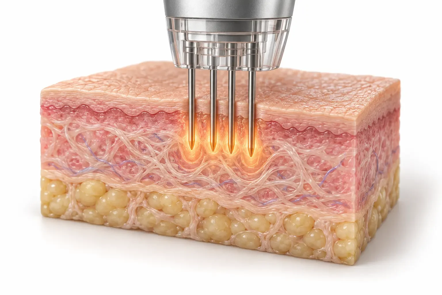 Illustration des micro-aiguilles RF : des électrodes délivrent une énergie thermique localisée dans la peau