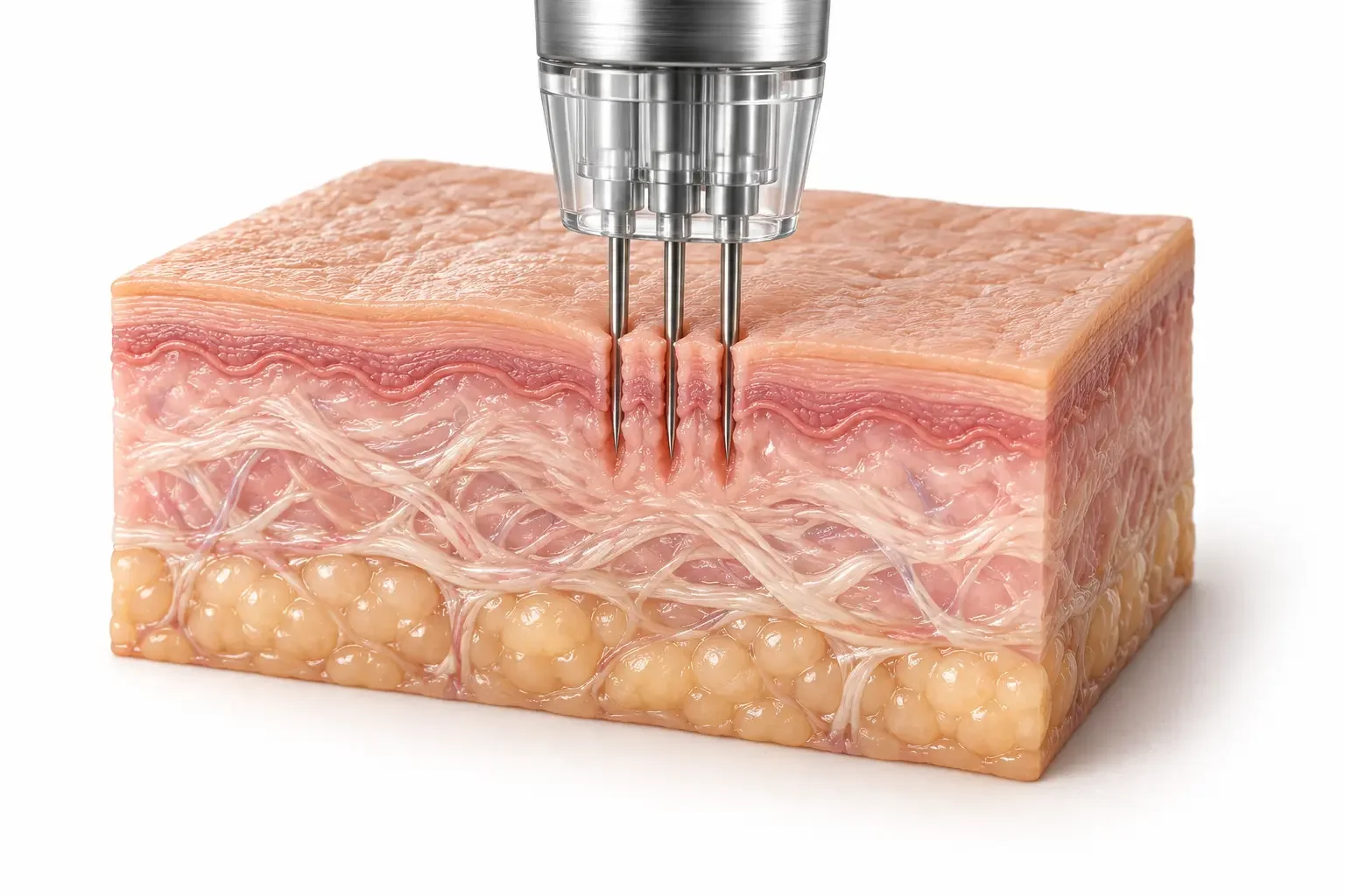 Illustration du microneedling : micro-aiguilles créant des microperforations dans la peau